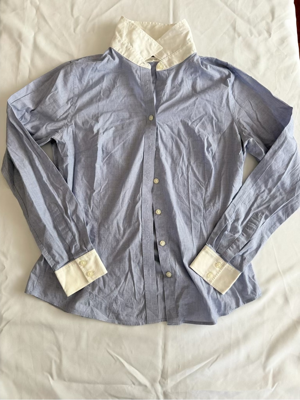 Banana Republic Classic Blue Button-Up Shirt with White Collar and Cuffs | 12